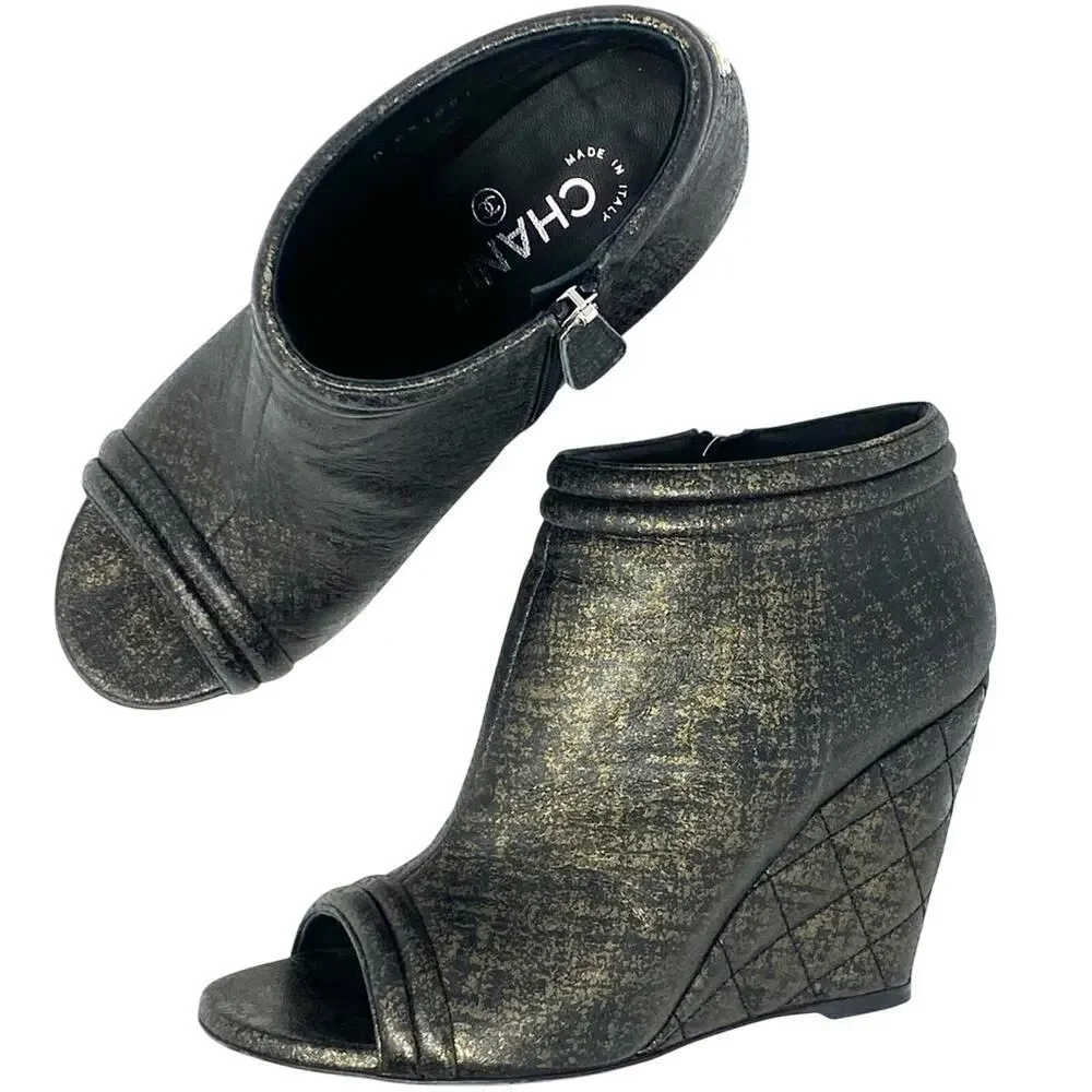 Chanel CC Logo Gold Black Leather Peep Toe Wedge Booties Size 38.5 w box